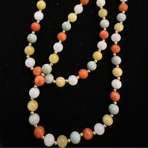 Vintage 14k Yellow Gold Multi-Color Jade Bead Long Necklace